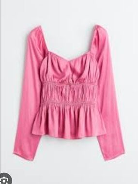 H&M Pink Ruched Scoop-Neck Long Sleeve Blouse